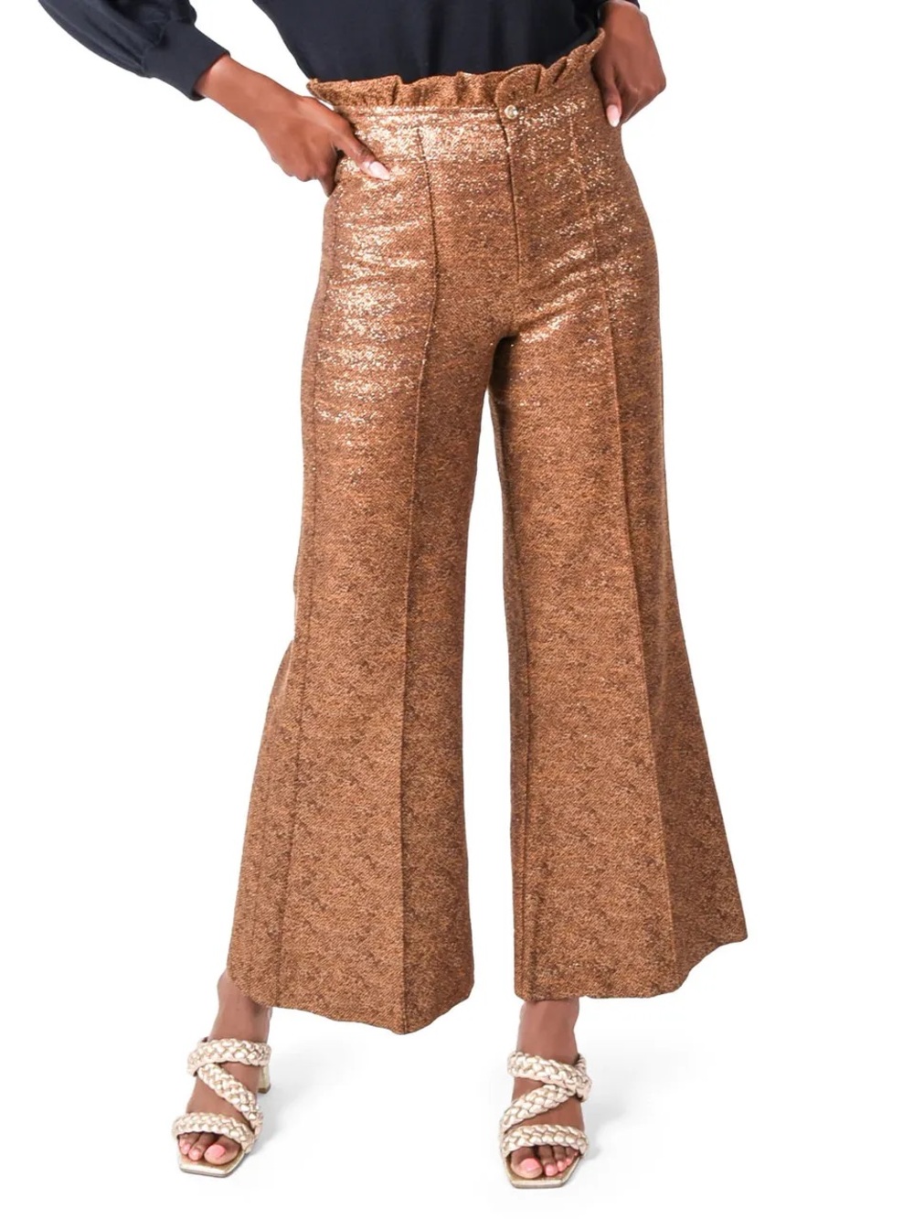 NEW Emily McCarthy Gold Ruffle Flare Tweed Pant Size XS Wide Leg High Waist NWT